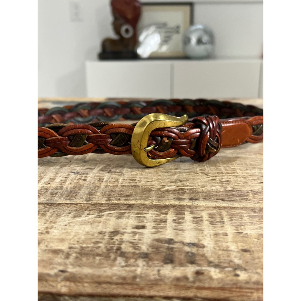 Brown Green Leather‎ Woven Belt Gold Buckle Size M